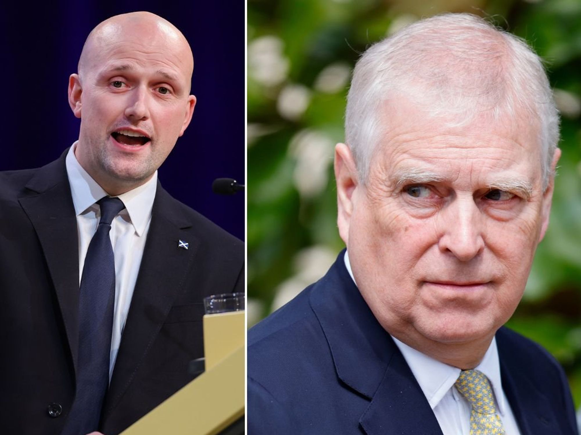 Prince Andrew looking over his shoulder / SNP Westminster Leader Stephen Flynn speaking at the 2025 party confrence
