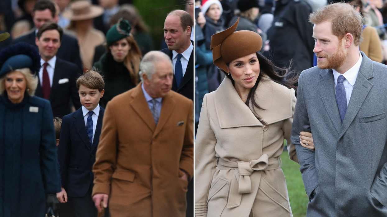 Prince Harry and Meghan Markle (right), Royal Family (left)