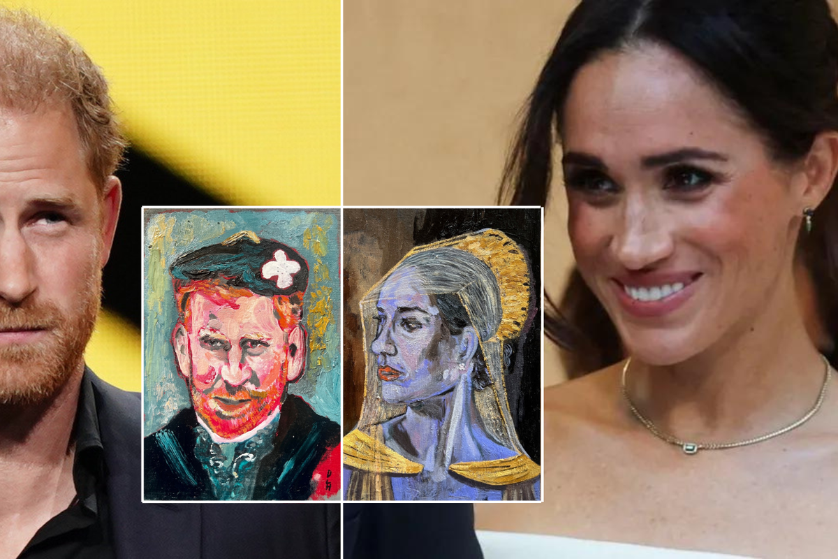 Prince Harry and Meghan Markle with portraits inset