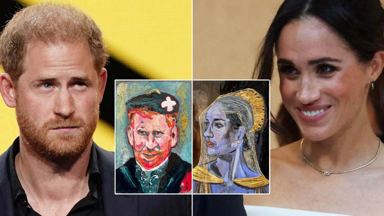 Prince Harry and Meghan Markle with portraits inset