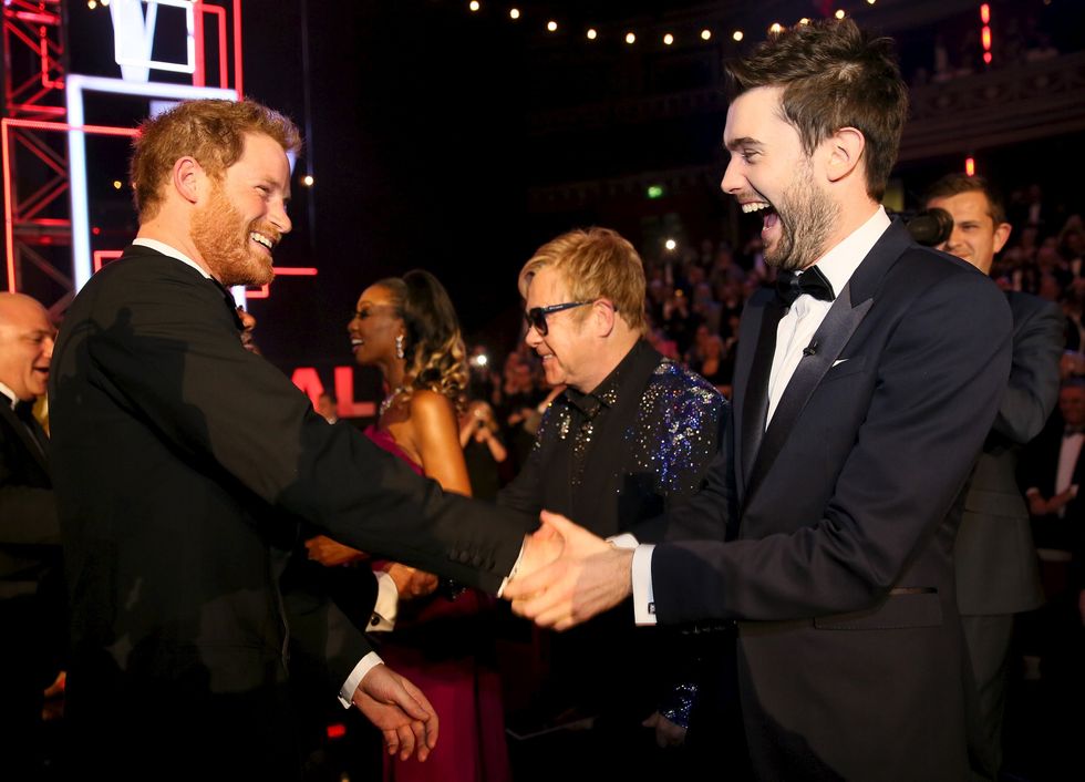 Prince Harry greets host Jack Whitehall after the Royal Variety Performance at the Albert Hall in London.
