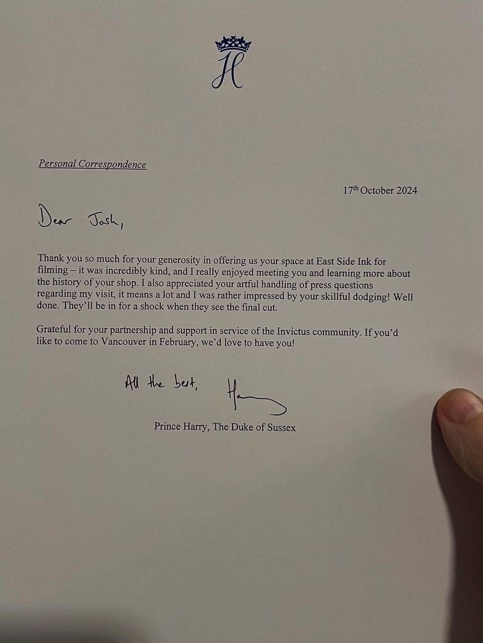Prince Harry letter