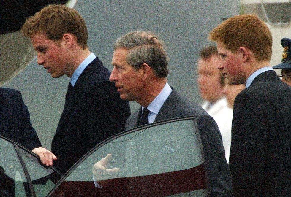 Prince Harry (right, aged 17) arrives home with Charles and William after the Queen Mother's death