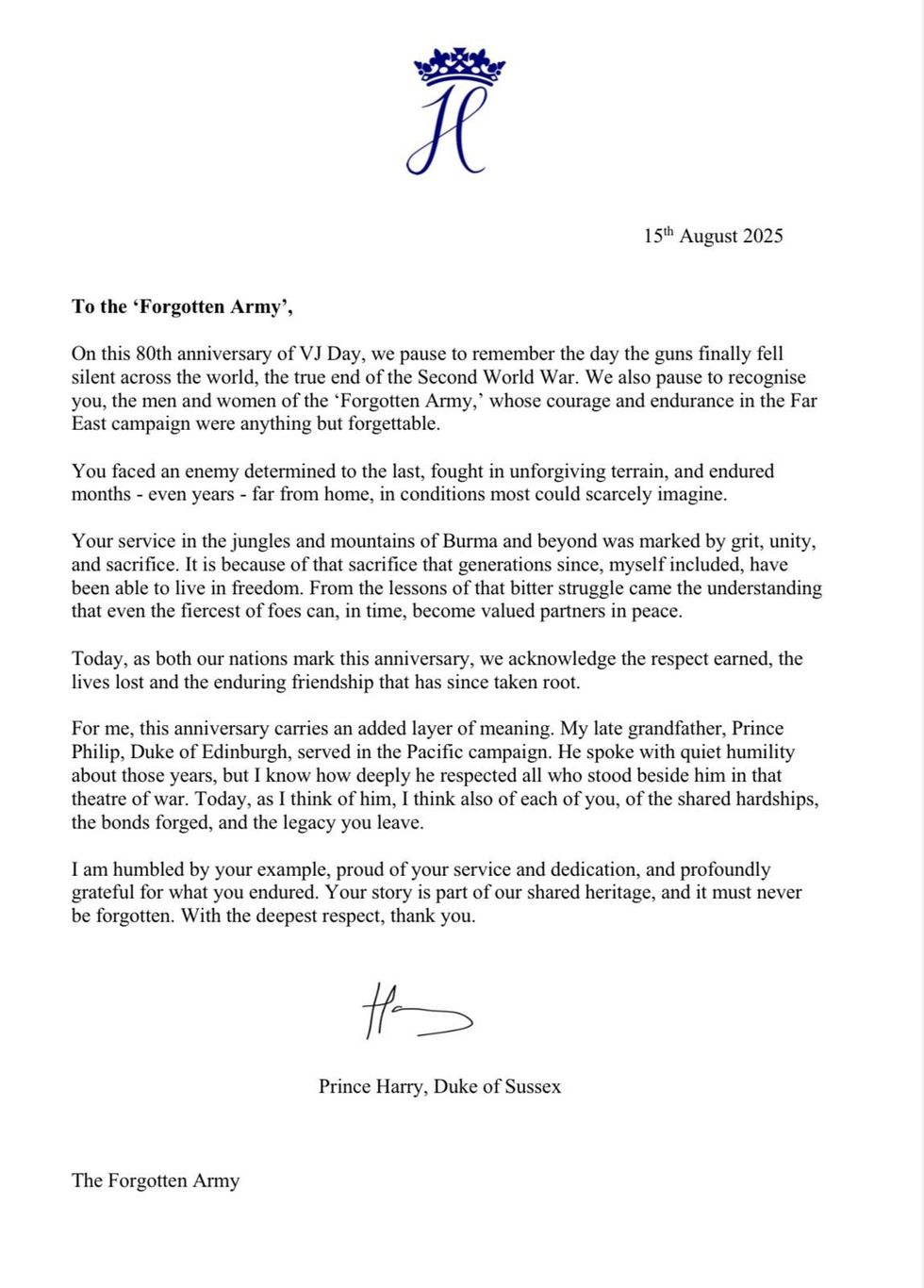 Prince Harry's letter