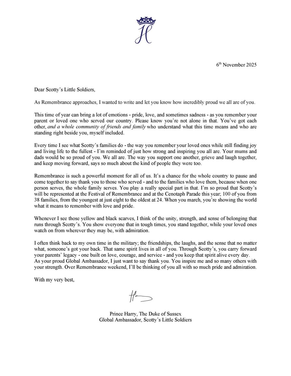 Prince Harry's letter