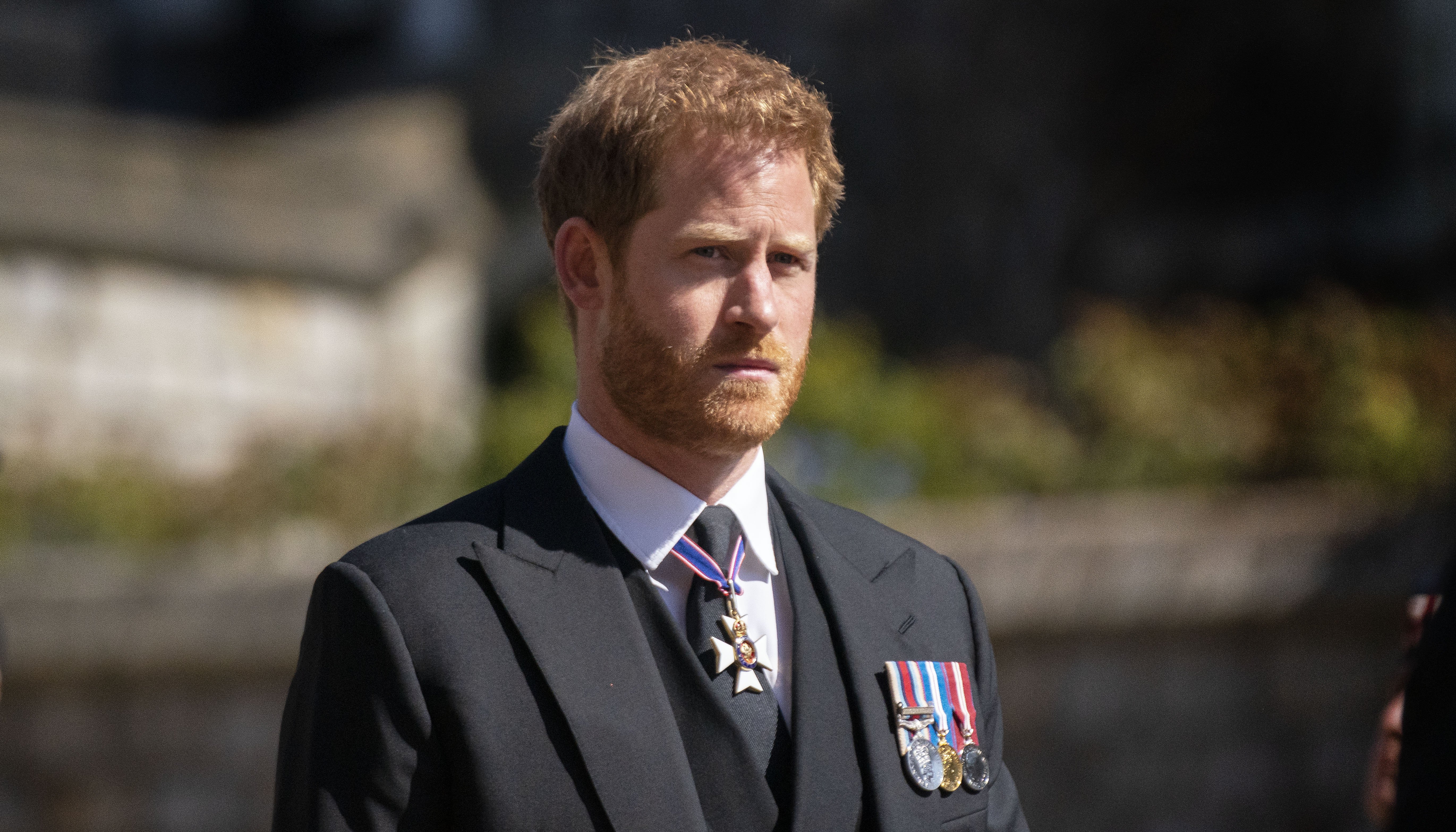 Prince Harry walks in the procession at Windsor Castle, Berkshire, during the funeral of the Duke of Edinburgh. Picture date: Saturday April 17, 2021.