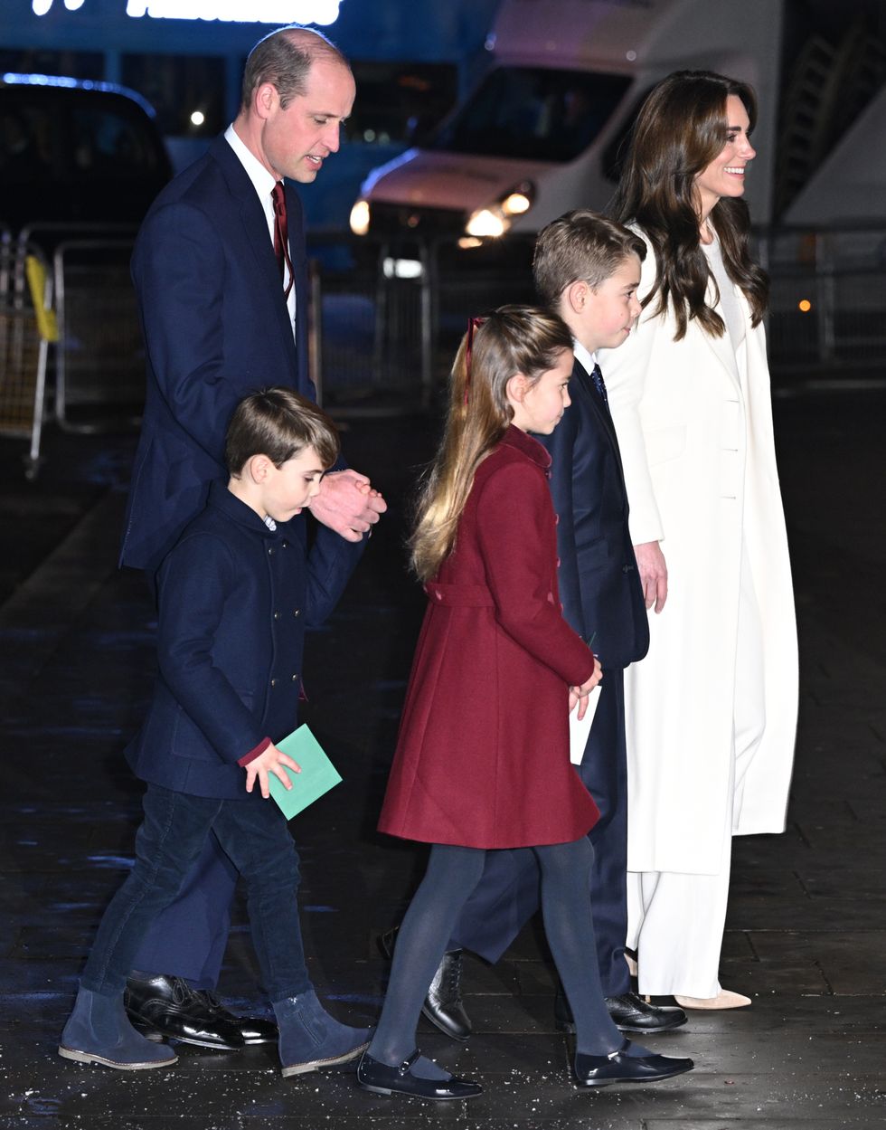 Prince of Wales, Prince Louis, Princess Charlotte, Prince George and Princess of Wales arriving for the Royal Carols