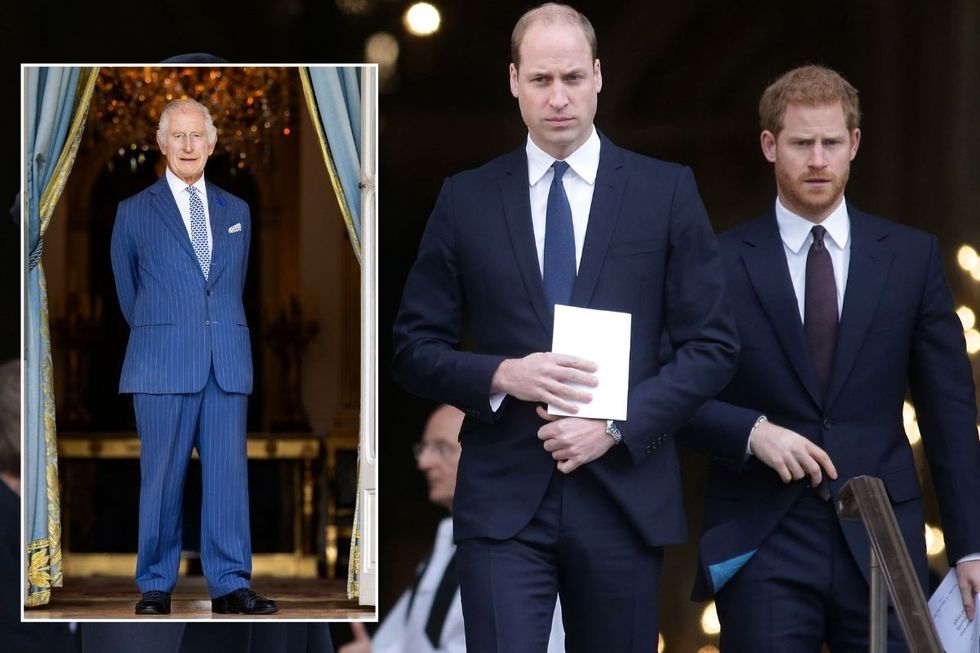 Prince William and Prince Harry with an inset of King Charles