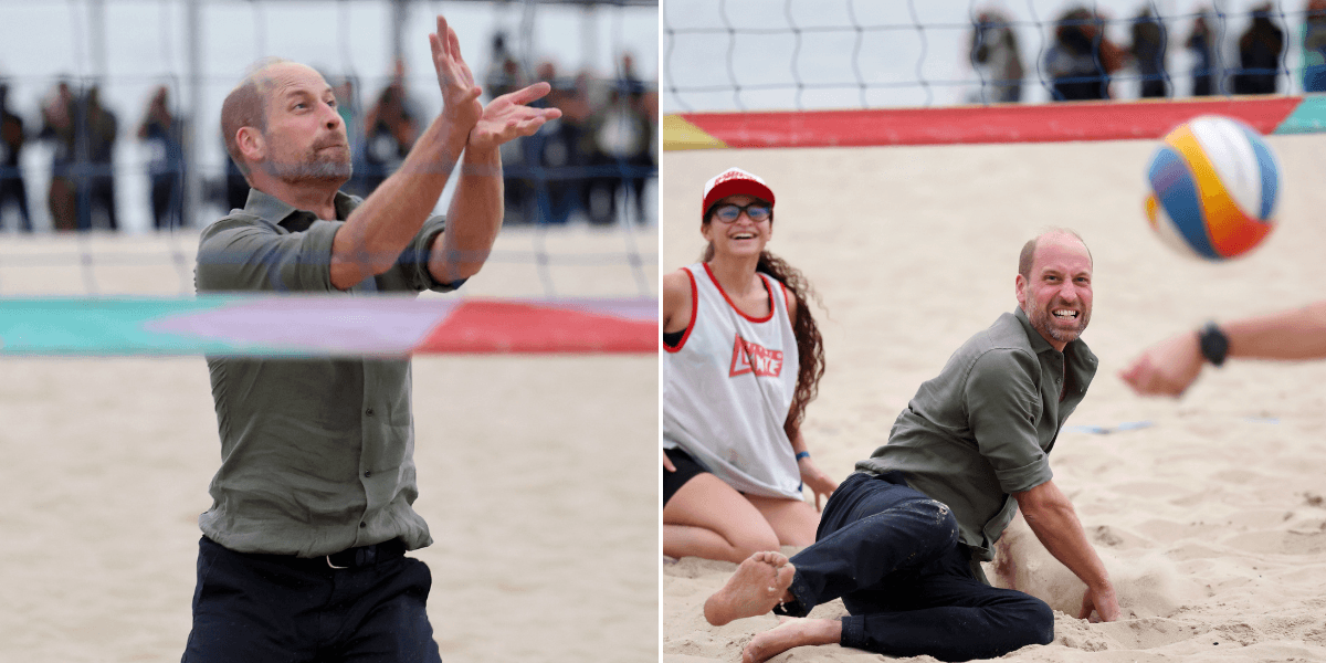 Prince William trips and falls while playing volleyball barefoot as crowd gasps Prince William trips and falls while playing volleyball barefoot as crowd gasps