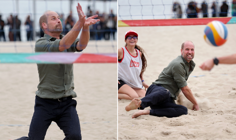 Prince William trips and falls while playing volleyball barefoot as crowd gasps