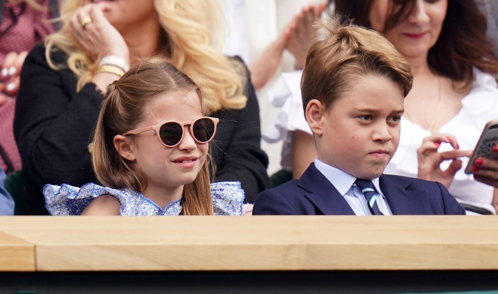 Princess Charlotte and Prince George in the royal box on day fourteen of the 2023 Wimbledon Championships at the All England Lawn Tennis and Croquet Club