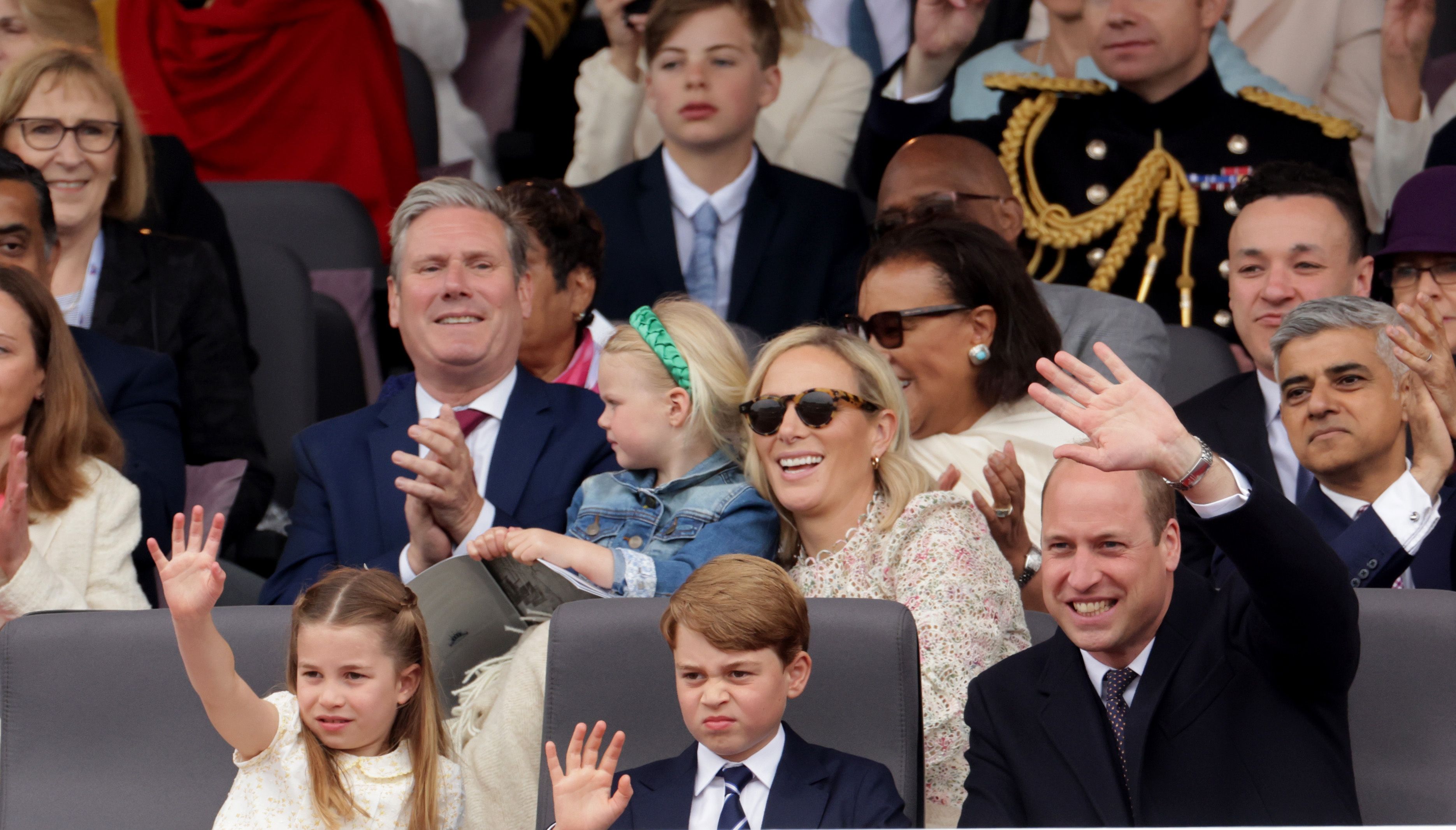 Princess Charlotte, Prince George and the Duke of Cambridge during the Platinum Jubilee Pageant in front of Buckingham Palace, London, on day four of the Platinum Jubilee celebrations for Queen Elizabeth II. Picture date: Sunday June 5, 2022.