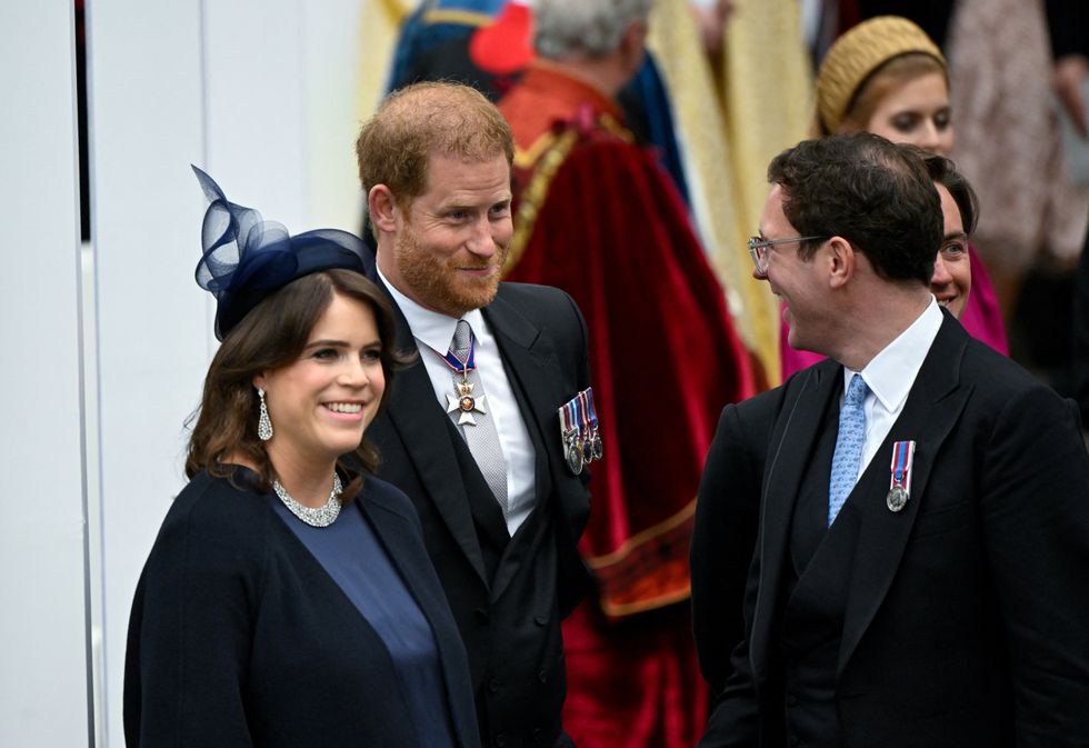 Princess Eugenie with Prince Harry and her husband Jack Brooksbank