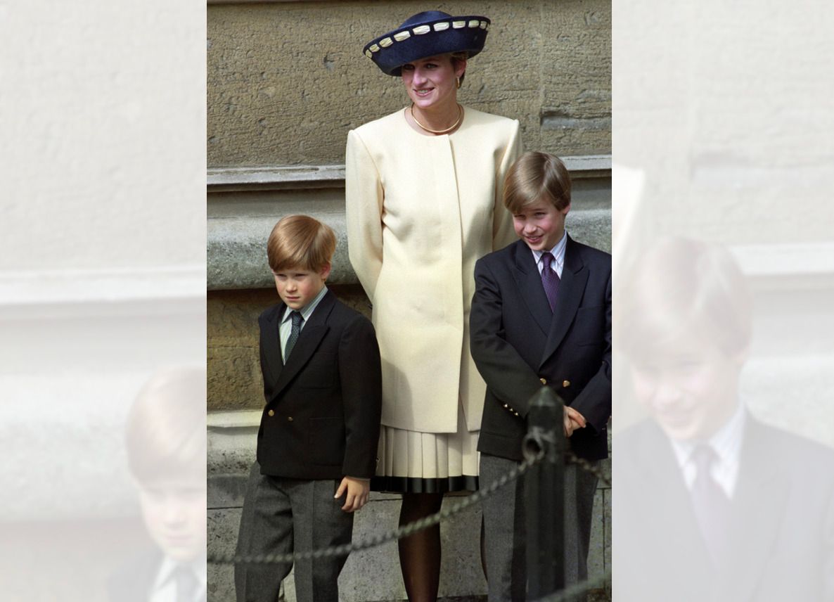 Princess of Wales with her sons, Prince William and Prince Harry outside St George's Chapel in Windsor Castle 19/4/1992