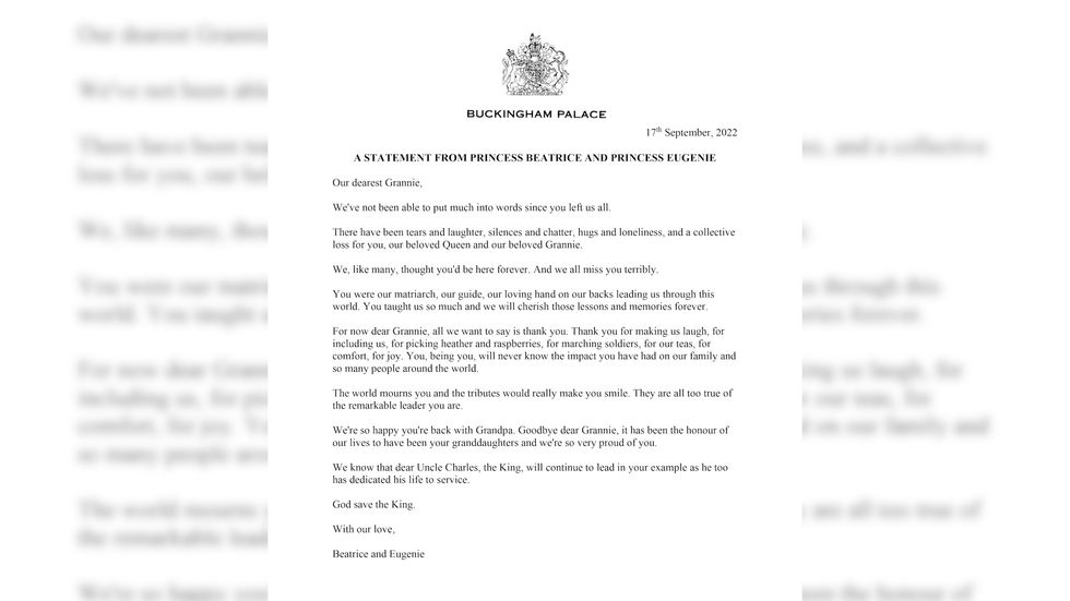 Princesses Beatrice and Eugenie have paid a personal tribute to Queen Elizabeth II, saying: \u201cWe\u2019re so very proud of you.\u201d