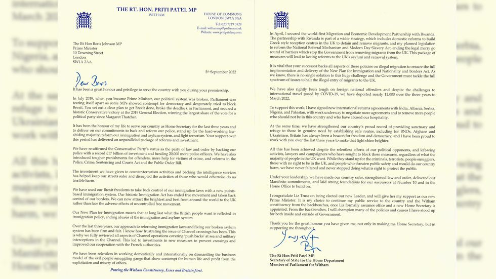 Priti Patel has written to Boris Johnson telling him she will be resigning as Home Secretary after Liz Truss takes office as prime minister.