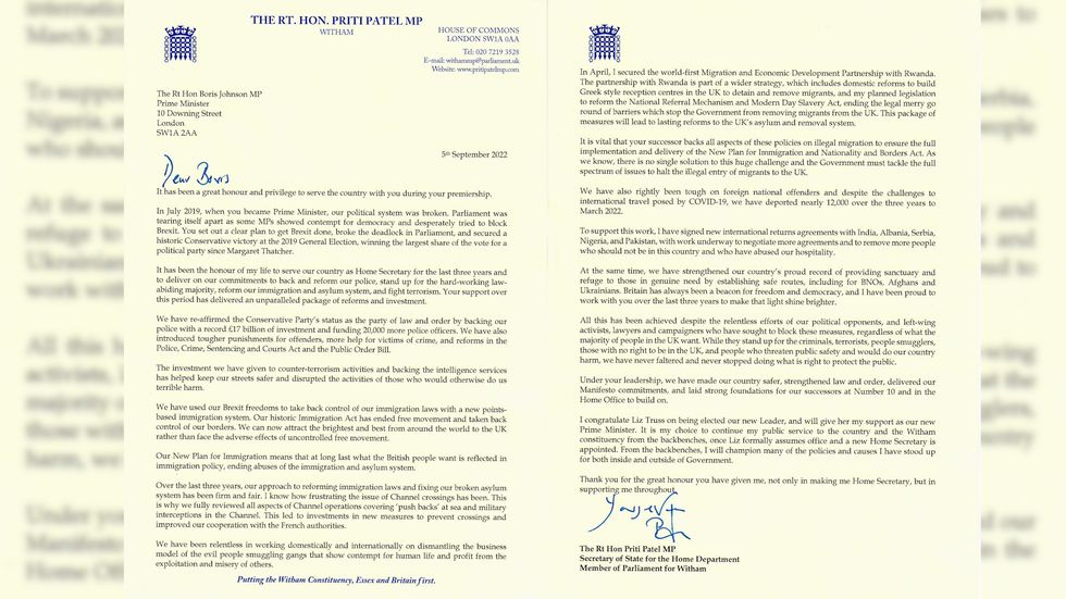 Priti Patel has written to Boris Johnson telling him she will be resigning as Home Secretary after Liz Truss takes office as prime minister.