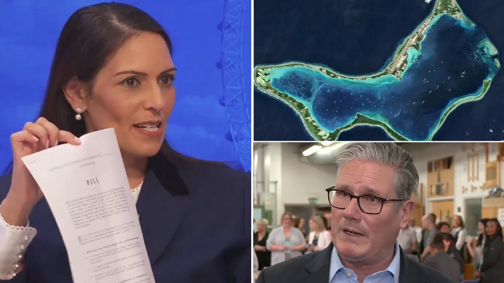 Priti Patel with inset images of the Chagos Islands and Keir Starmer