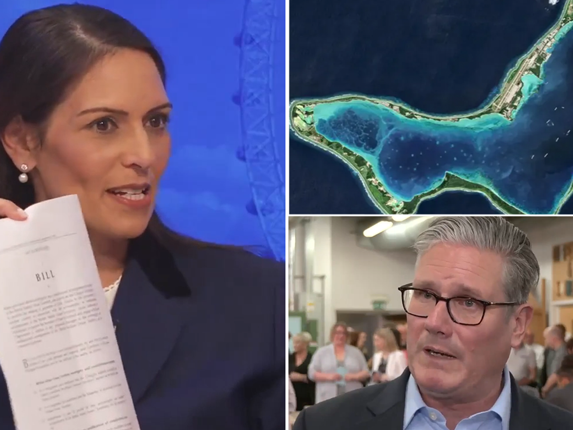 Priti Patel with inset images of the Chagos Islands and Keir Starmer