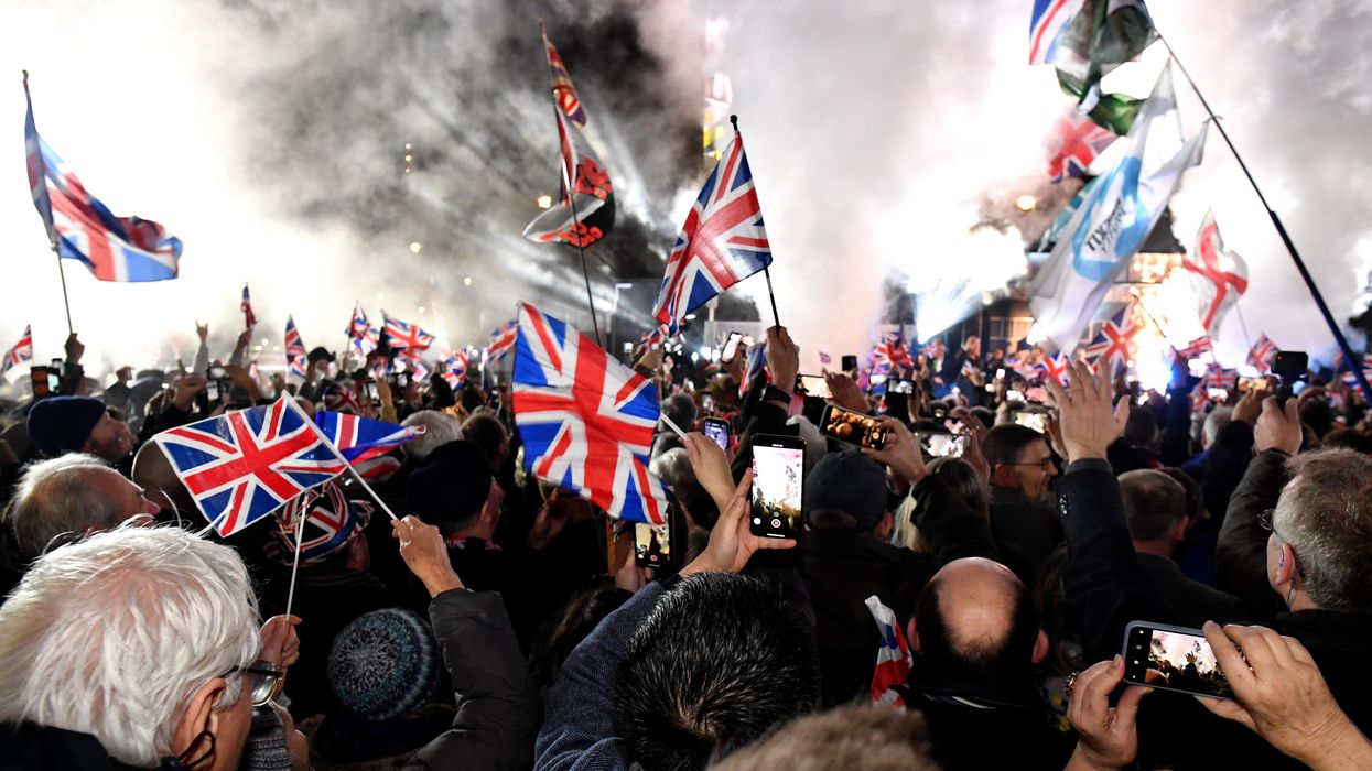 Pro Brexit supporters celebrate as the United Kingdom exits the EU during the Brexit Day Celebration Party hosted by Leave Means Leave at Parliament Square