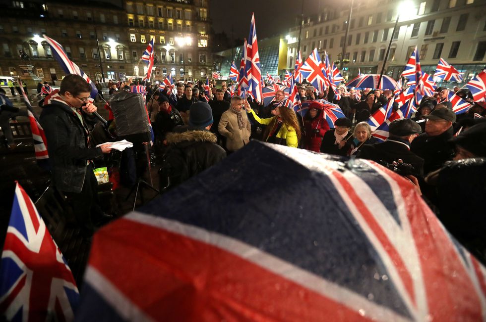 Pro-Brexit supporters gather in George Square, Glasgow, as the UK prepares to leave the European Union, ending 47 years of close and sometimes uncomfortable ties to Brussels. PA Photo. Picture date: Friday January 31, 2020. See PA story POLITICS Brexit. Photo credit should read: Andrew Milligan/PA Wire