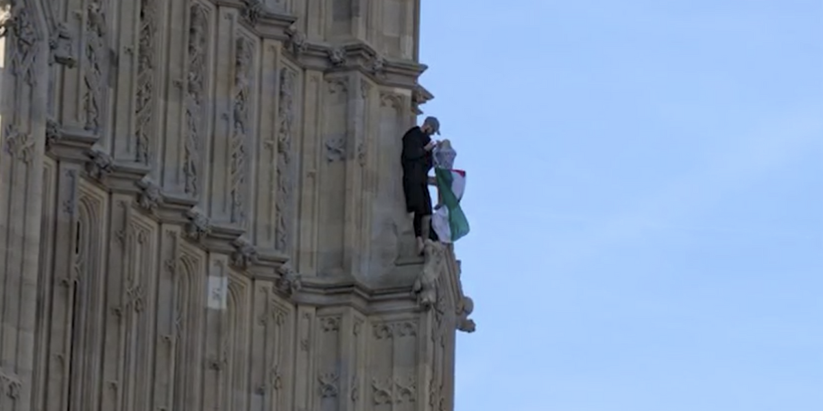 NextImg:Pro-Palestine protester climbs up Big Ben as police shutdown Westminster Bridge