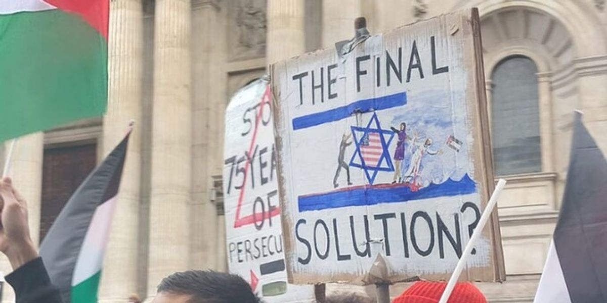 NextImg:Palestine protester with abhorrent 'final solution' placard being searched for by police