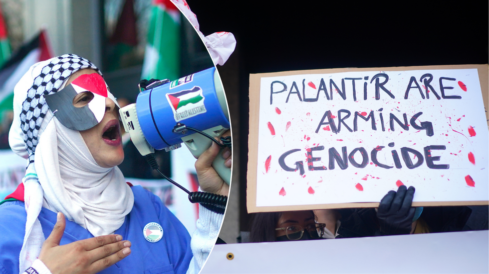 Pro-Palestine protesters and signage