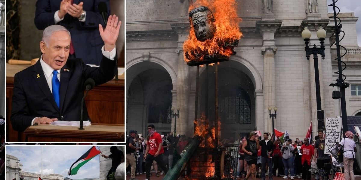 NextImg:Pro-Palestine protesters burn US flag as Israel PM Netanyahu gives speech to Congress