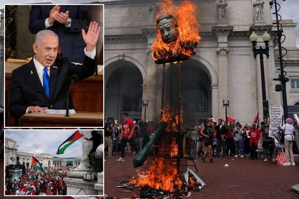 Pro-Palestine protesters burn US flag as Israel PM Netanyahu gives speech to Congress