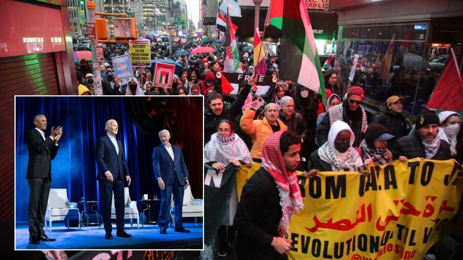 Pro-Palestine protesters in New York with inset of Biden, Obama and Clinton