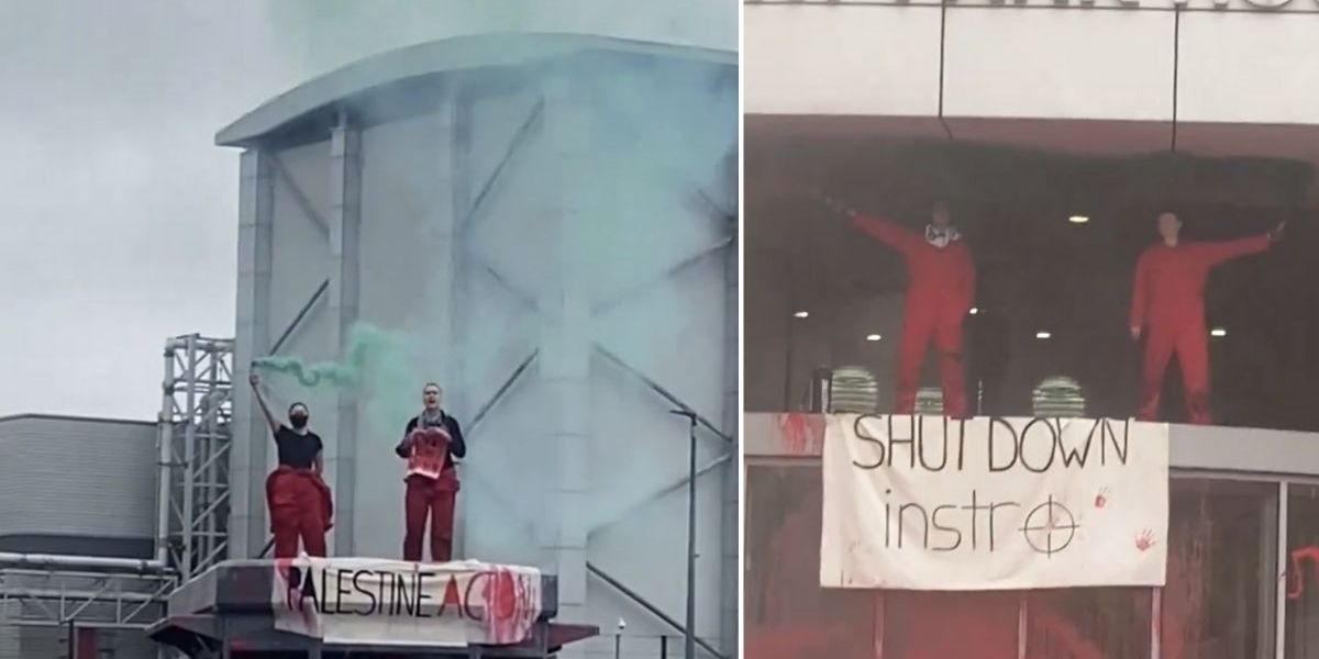 NextImg:Pro-Palestinian protesters blockade arms factory in Kent as they light flares and spray facility with paint