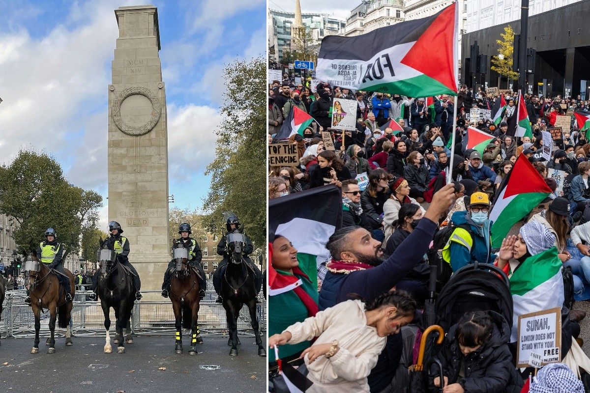 Pro-Palestinian protesters in London and Met Police protecting the Cenotaph
