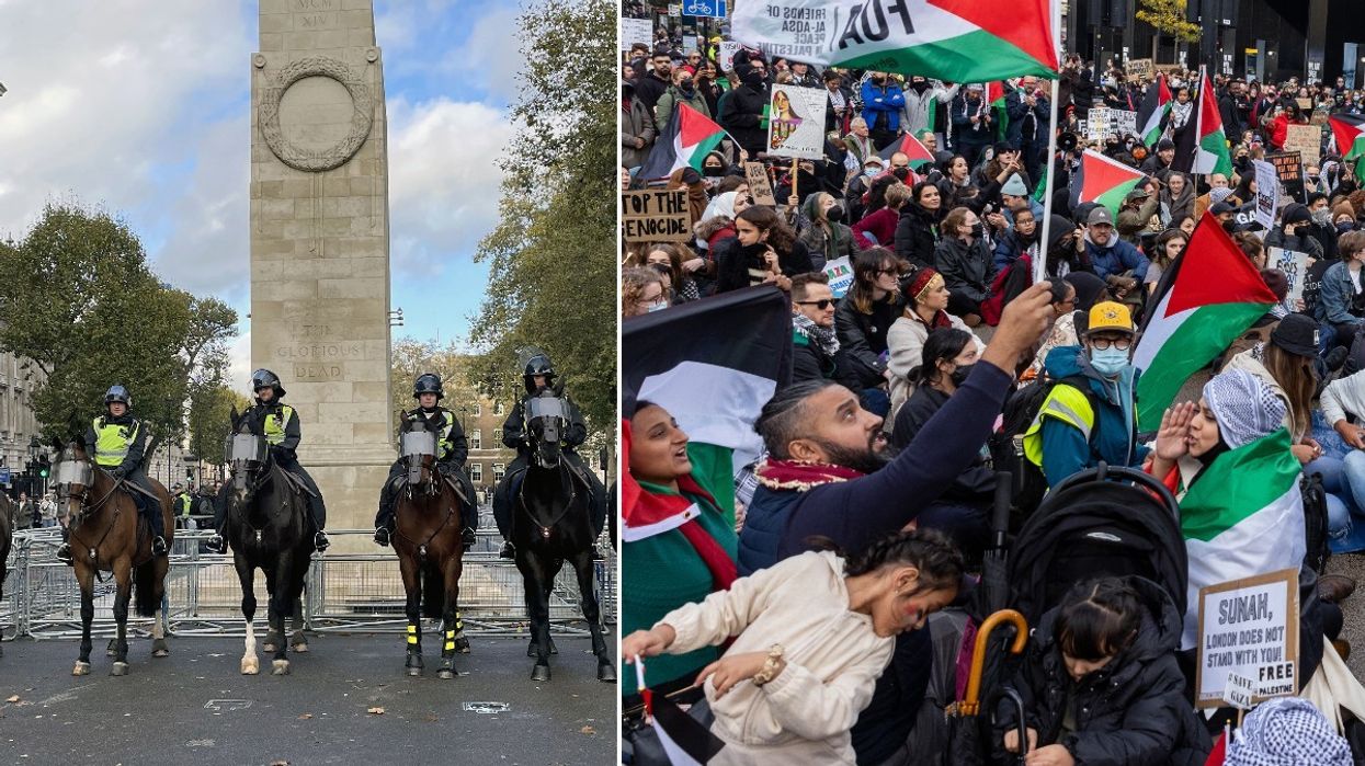 Pro-Palestinian protesters in London and Met Police protecting the Cenotaph