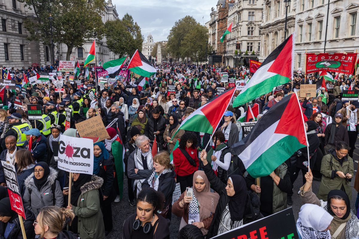 Pro-Palestinian protesters march through central London to call for an immediate ceasefire in Gaza