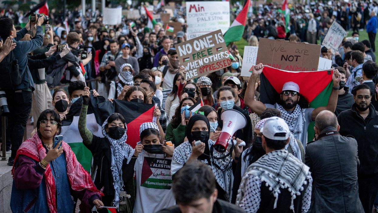 Pro-Palestinian students take part in a protest in support of the Palestinians amid the ongoing conflict in Gaza, at Columbia University
