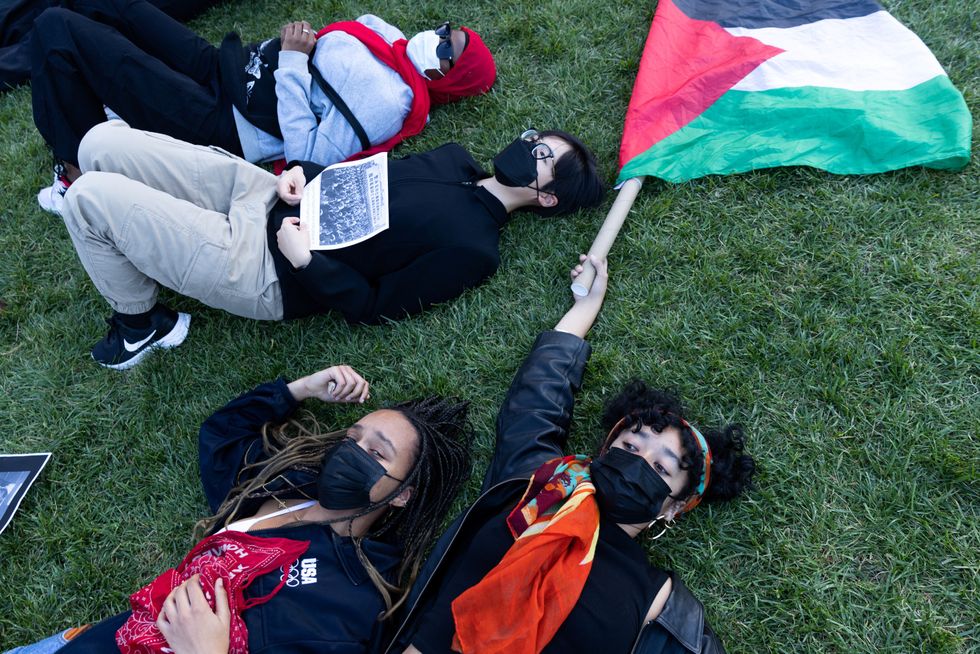 Pro-Palestinian students take part in a protest in support of the Palestinians amid the ongoing conflict in Gaza, at Columbia University in New York City