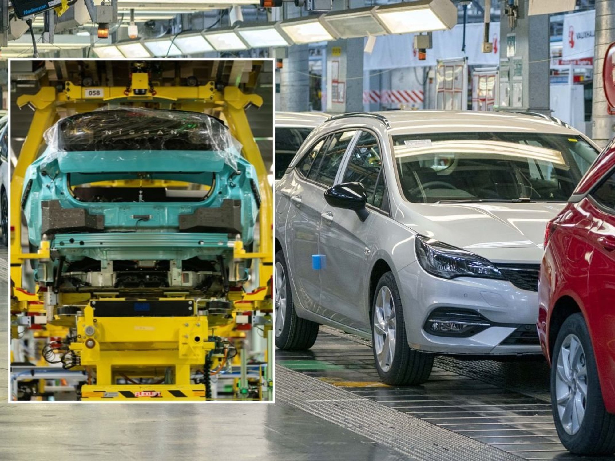 Production of the Nissan Leaf EV in Sunderland and a Vauxhall production line