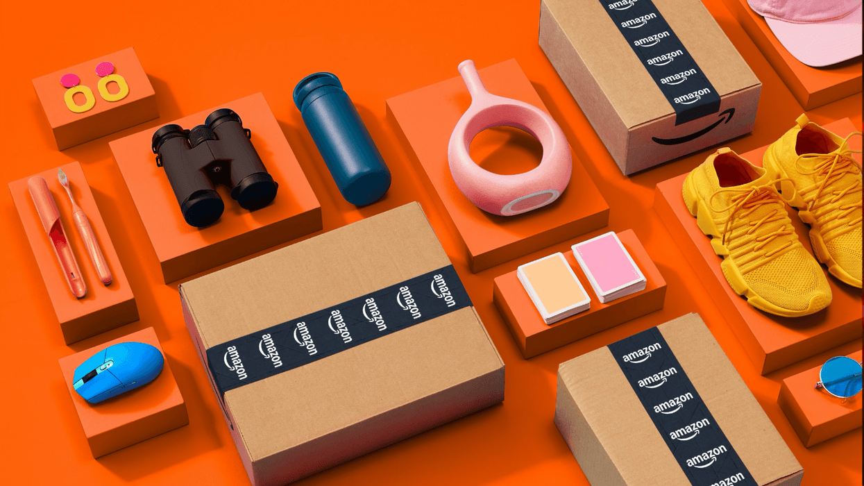 products from Amazon displayed on top of orange boxes