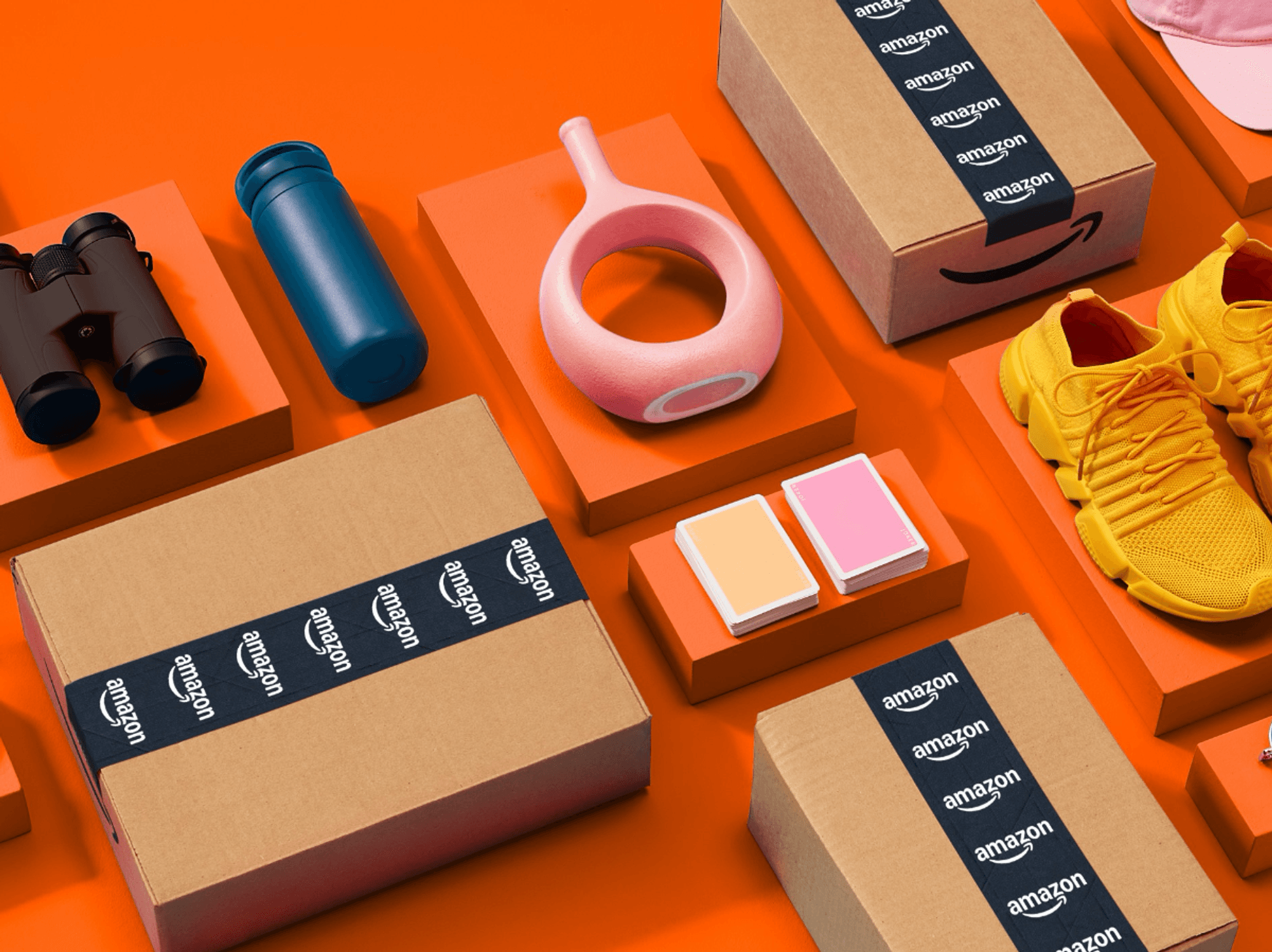 products from Amazon displayed on top of orange boxes
