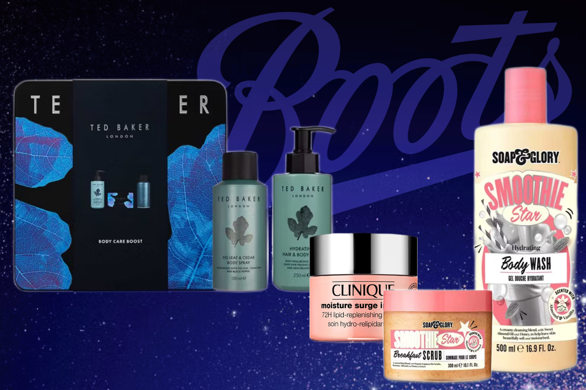 Products from Ted Baker, Clinique, and Soap & Glory in front of Boots logo