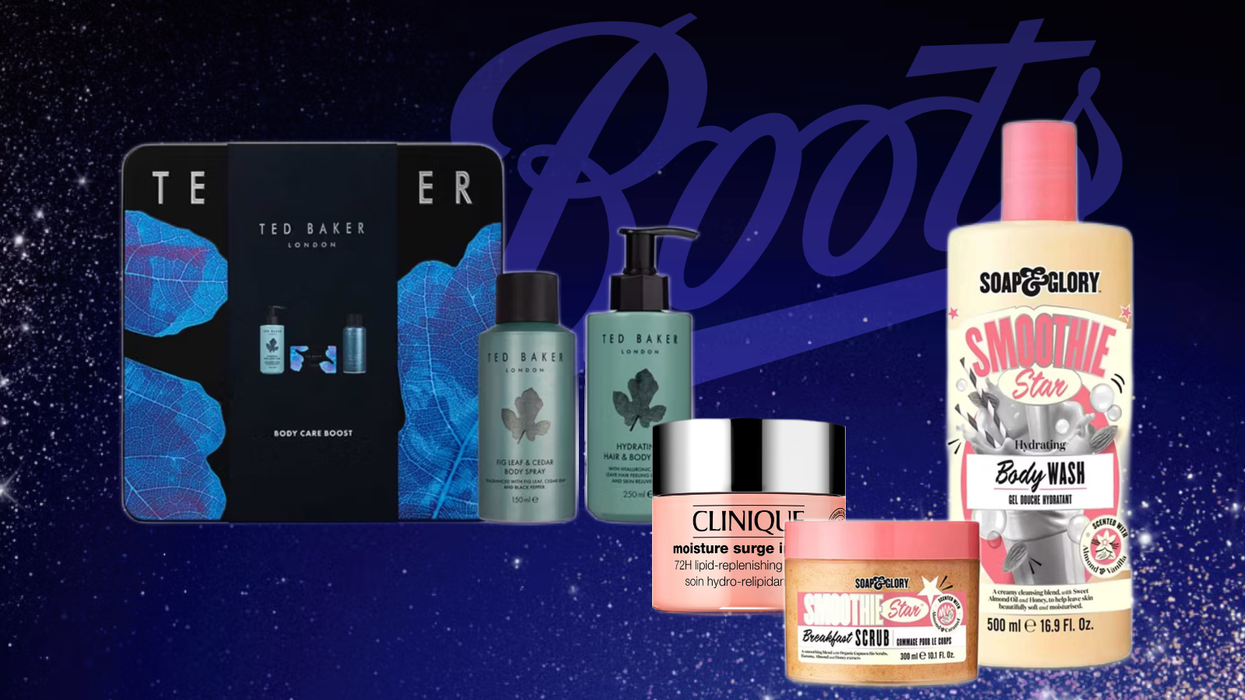 Products from Ted Baker, Clinique, and Soap & Glory in front of Boots logo