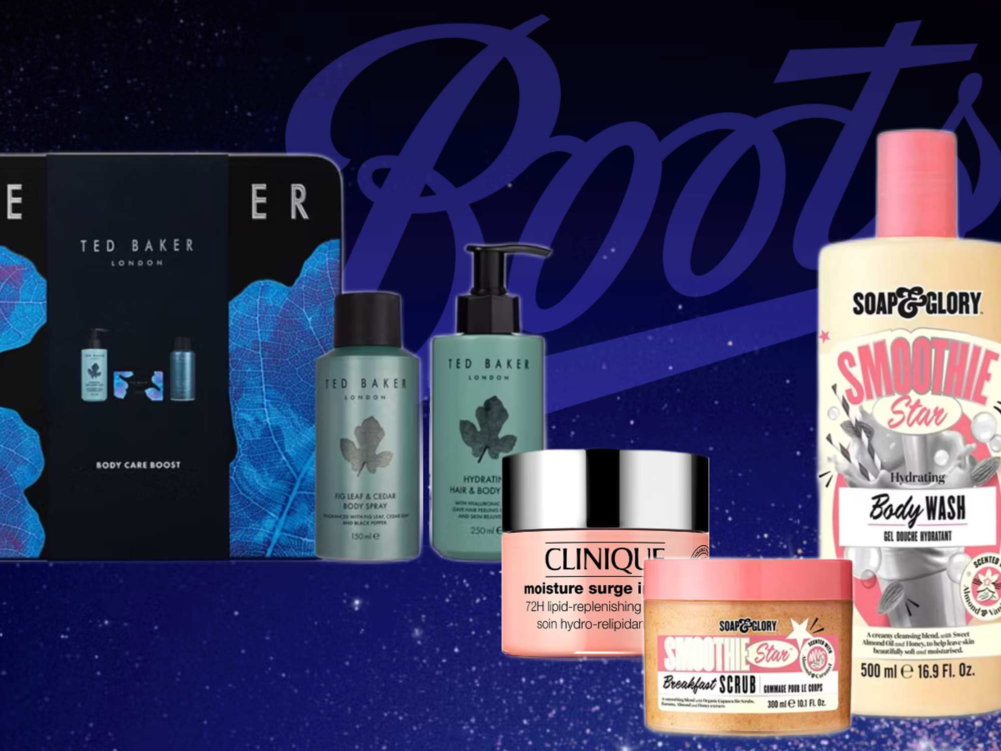 Products from Ted Baker, Clinique, and Soap & Glory in front of Boots logo