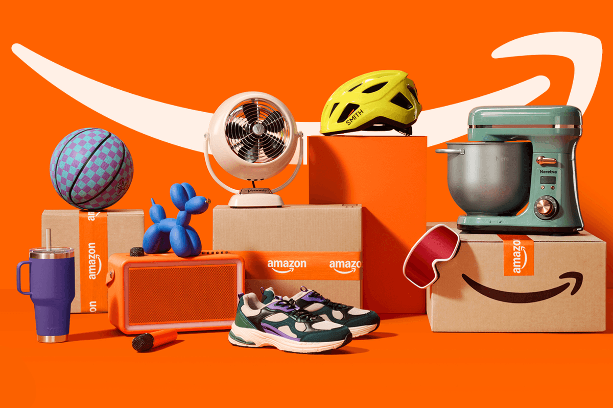 products stacked on an amazon box with the smile logo pictured in the background