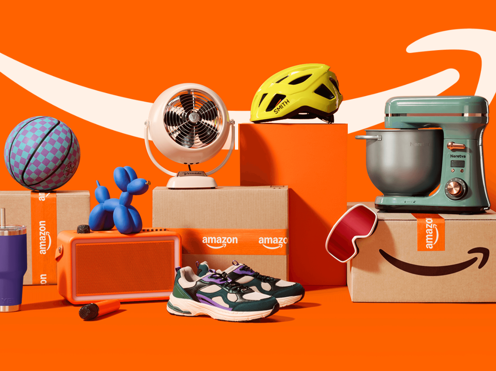 products stacked on an amazon box with the smile logo pictured in the background