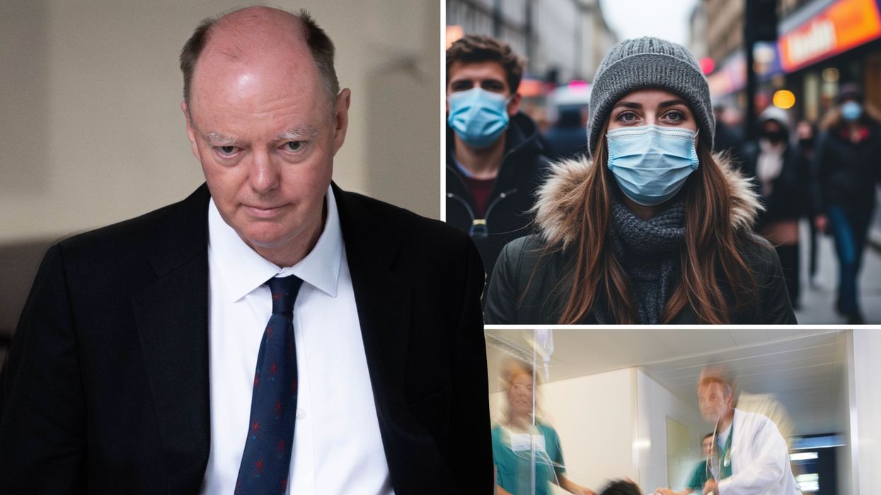 Professor Chris Whitty (left), woman in a face mask (top right) and busy hospital ward (bottom right)