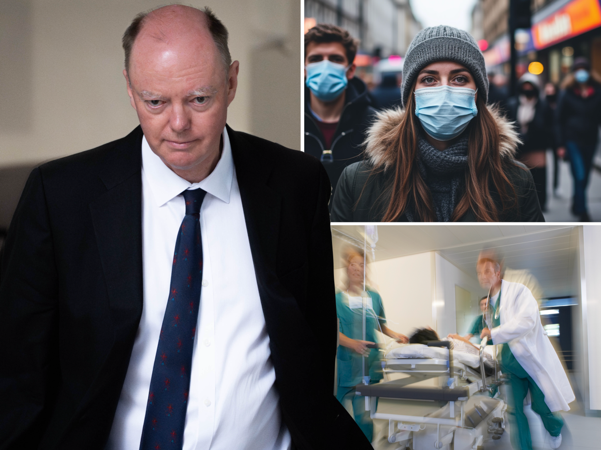 Professor Chris Whitty (left), woman in a face mask (top right) and busy hospital ward (bottom right)