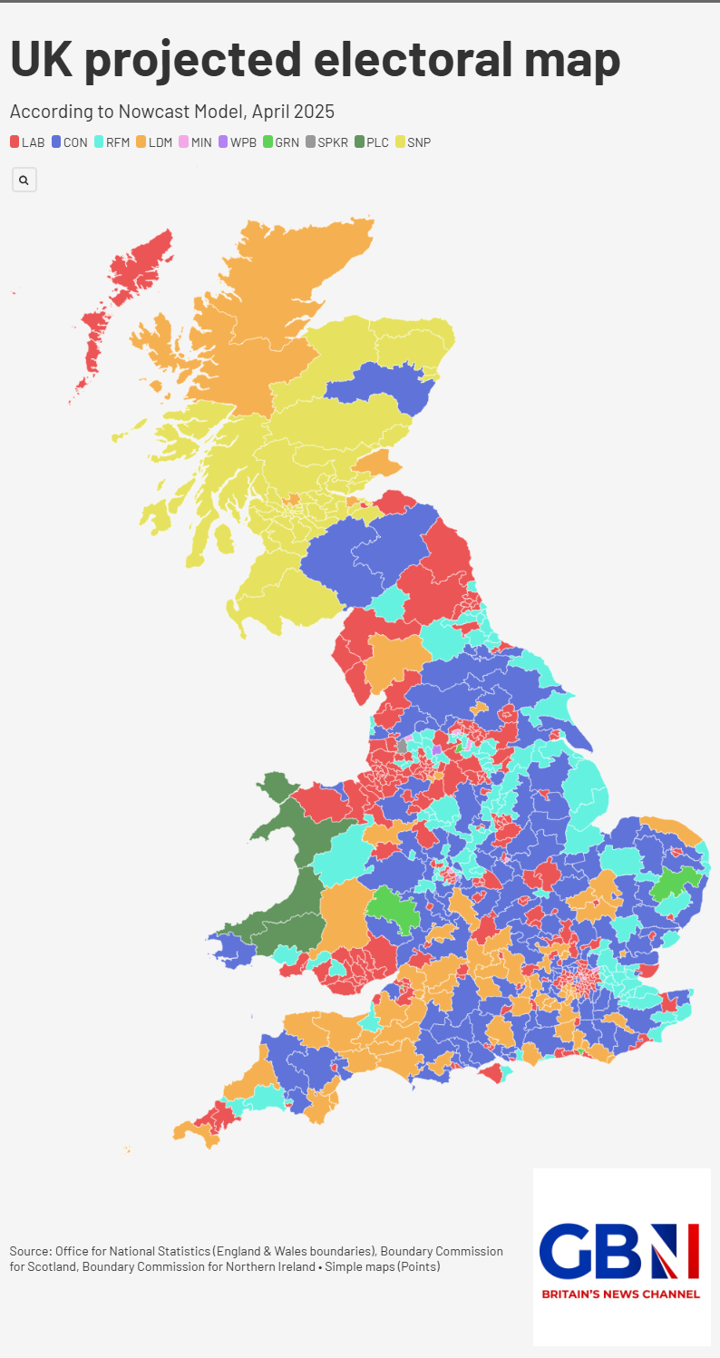 Projected electoral map of Britain (Nowcast Model, April 2025)