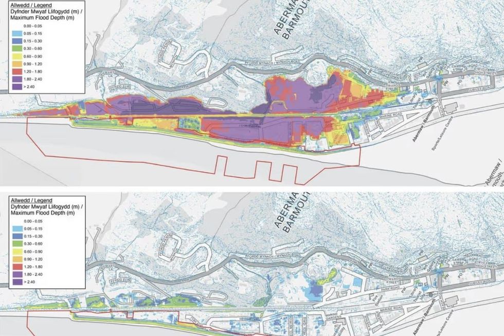Projected flood risk to Barmouth in the event of a one-in-200 year storm - including with the proposed defence (bottom)