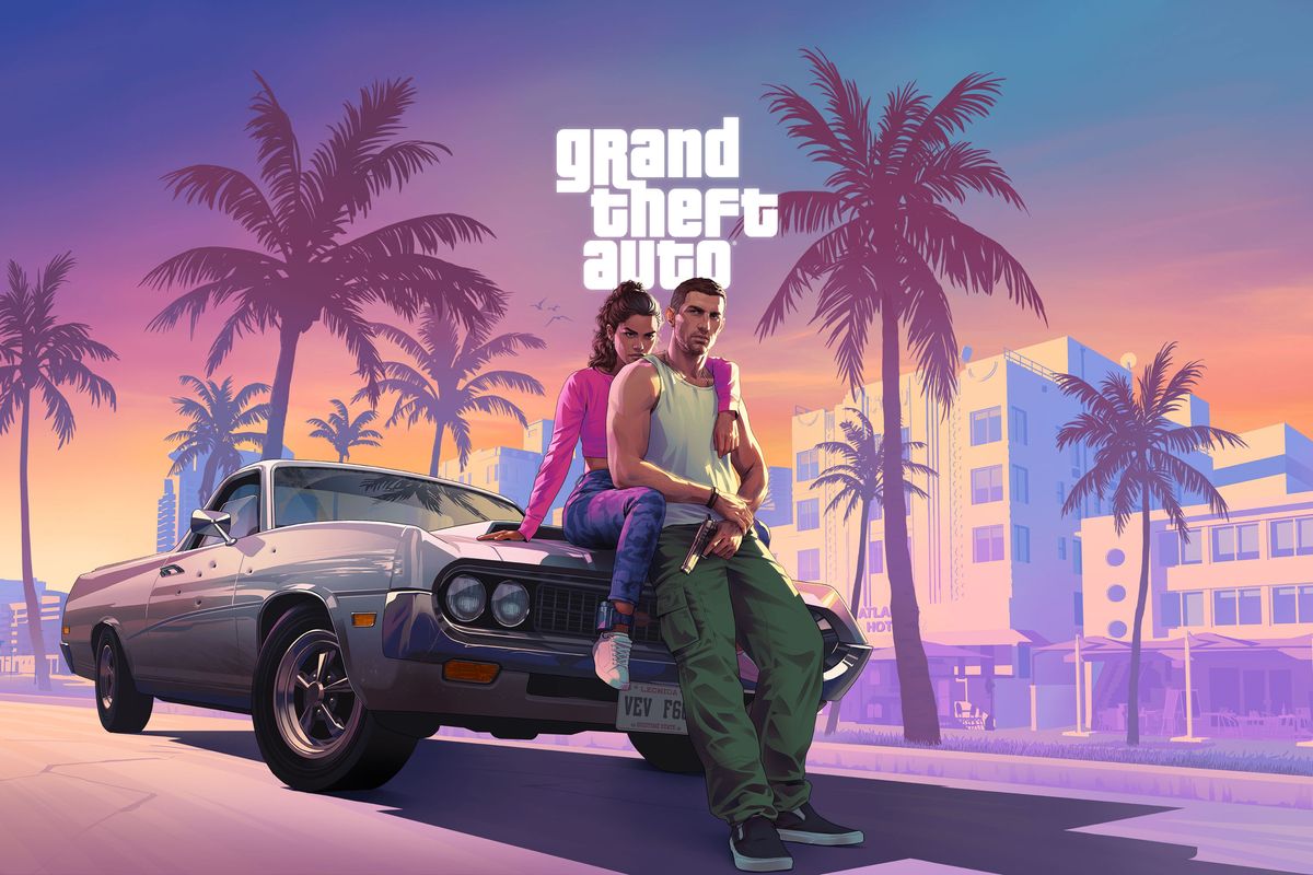 promotional image for gta 6 shows the two main protagonists sat on the bonnet of a car holding a pistol with palm trees and in the pink background  